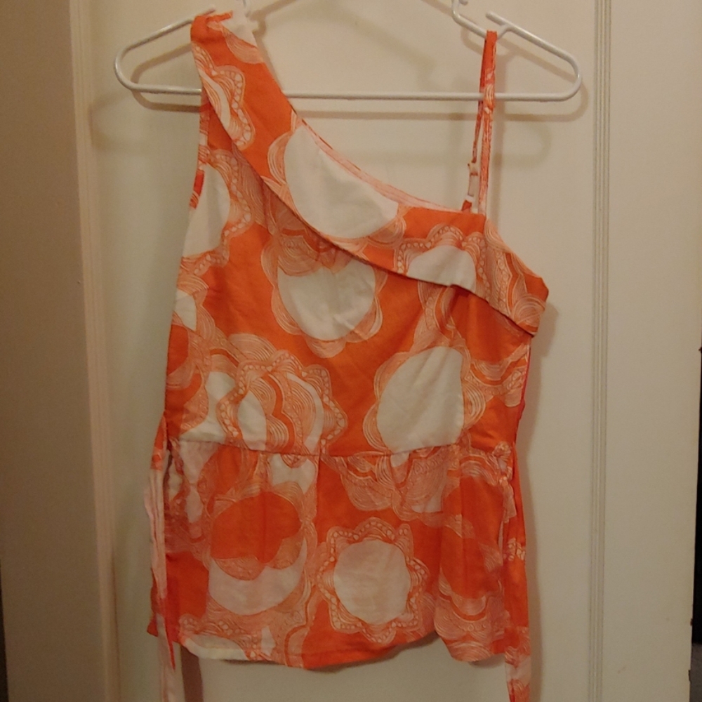 Tulle one shoulder asymmetric tie back peplum top